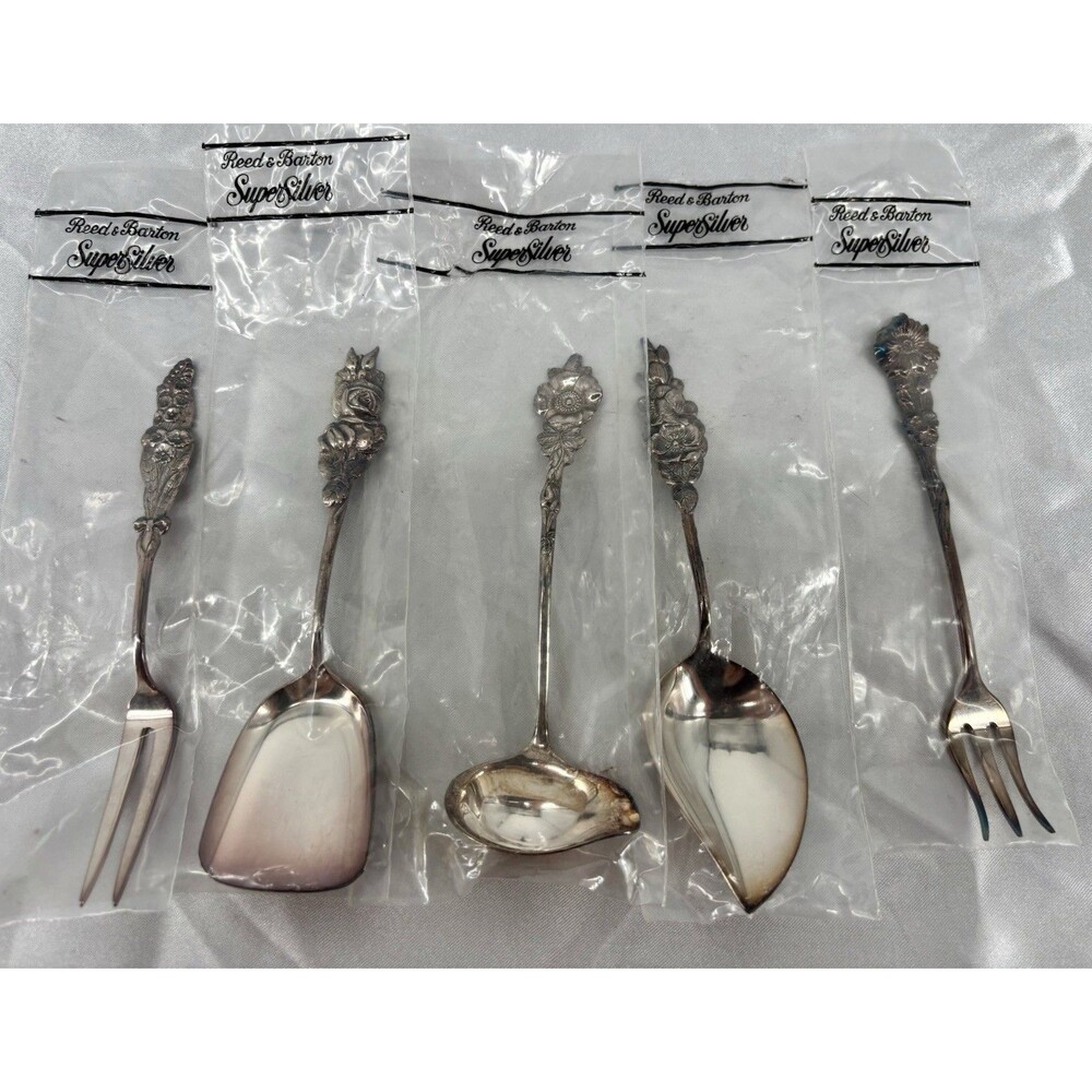 New Reed & Barton Harlequin Rose Silverplate 5 Pc Hostess Serving Set Floral Vtg